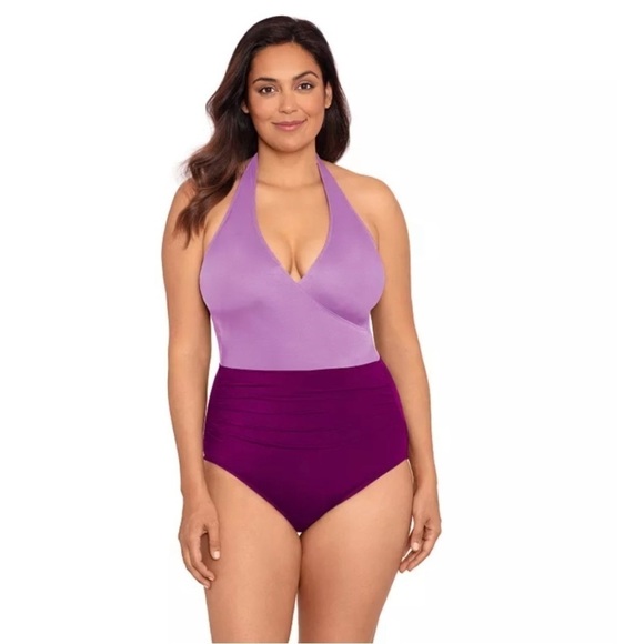 NEW Tummy Control wrap Swimsuit by bel harbour size 12 color block purple - Picture 1 of 8